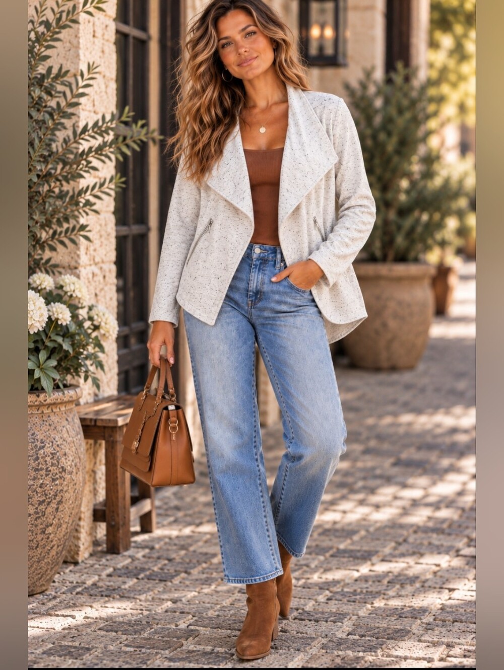 Ivory Speckled Draped Moto Cardigan Jacket Zip Pockets Medium